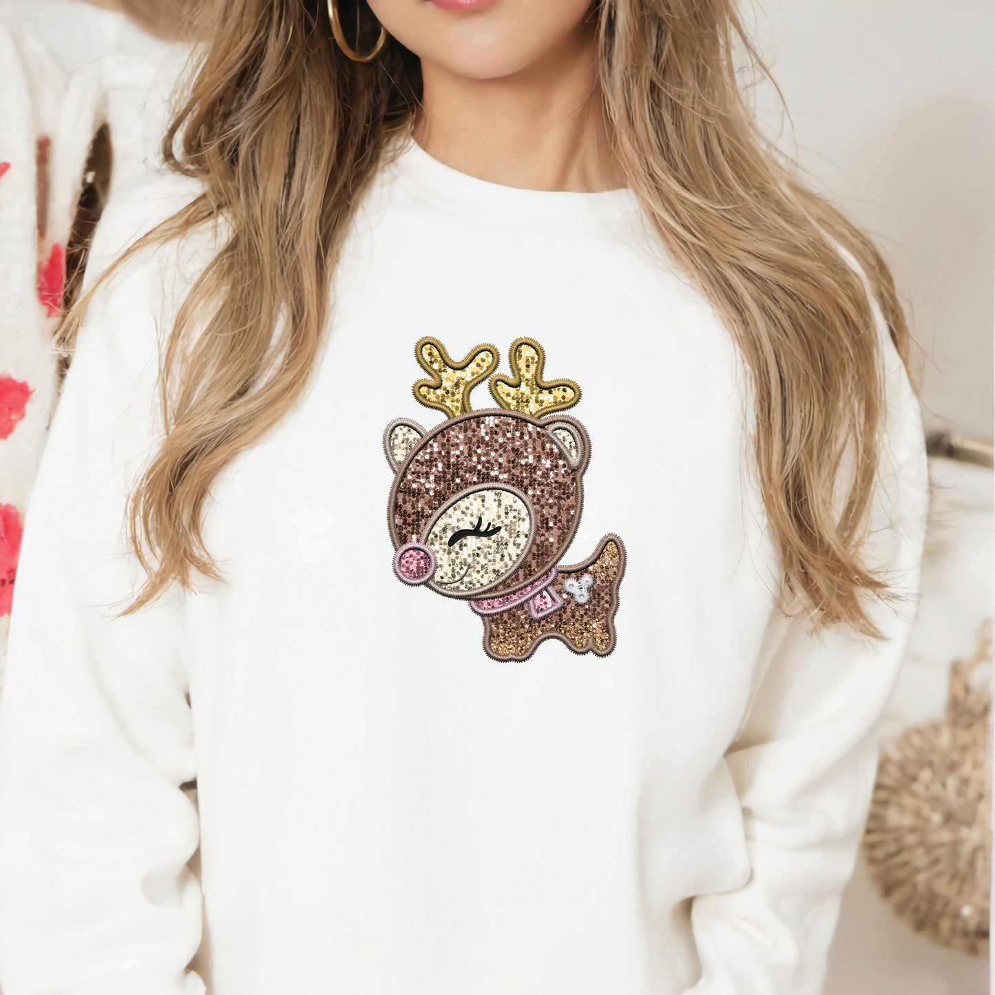 Faux Glitter and Embroidery Baby Reindeer DTF Transfer