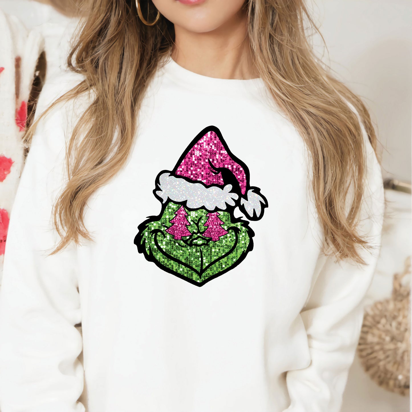 Faux Glitter Pink Hat Green Guy head with Christmas Trees DTF Transfer