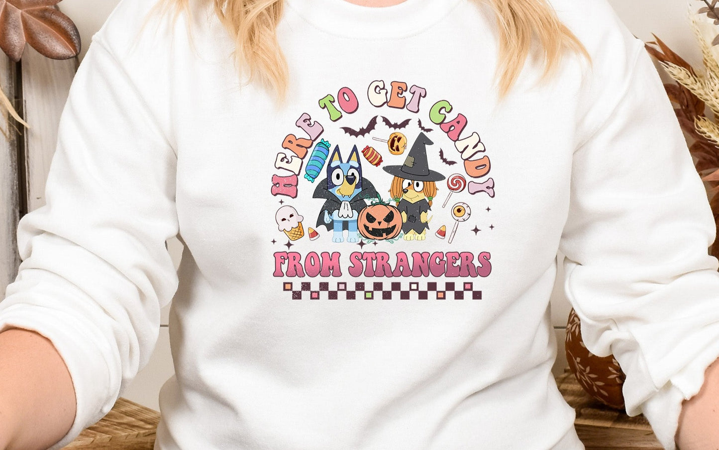 Here to Get Candy From Strangers Blue and Friends DTF Transfer