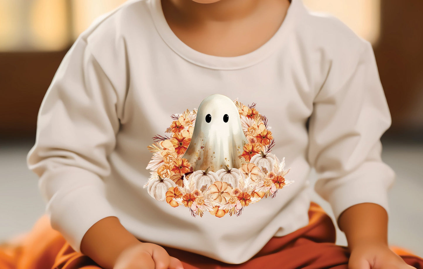 Retro Spooky Ghost, Pumpkin, Fall Leaves, Halloween DTF Transfer