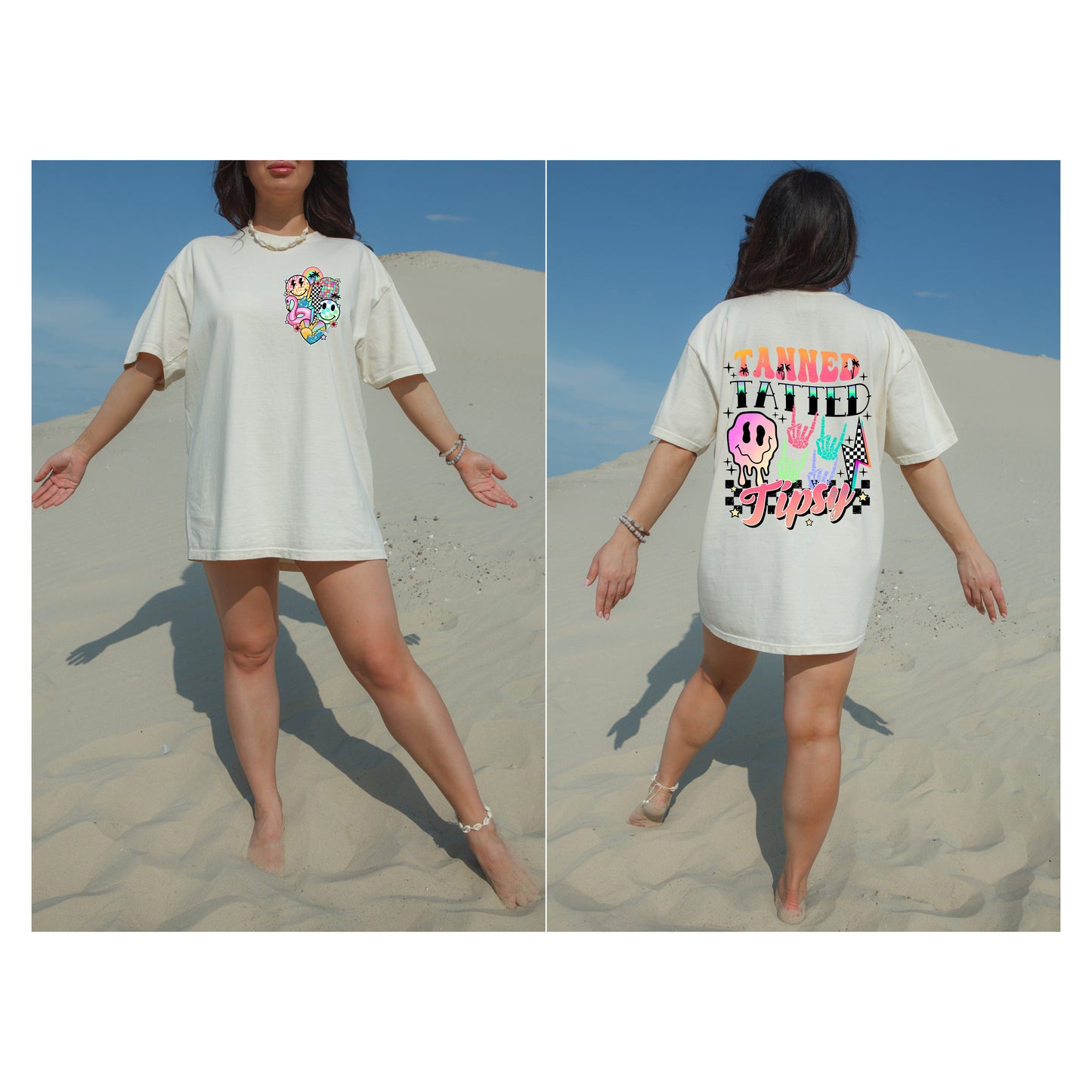 Tanned Tatted and Tipsy, with Pocket Happy Face Collage Pocket Design DTF Transfer