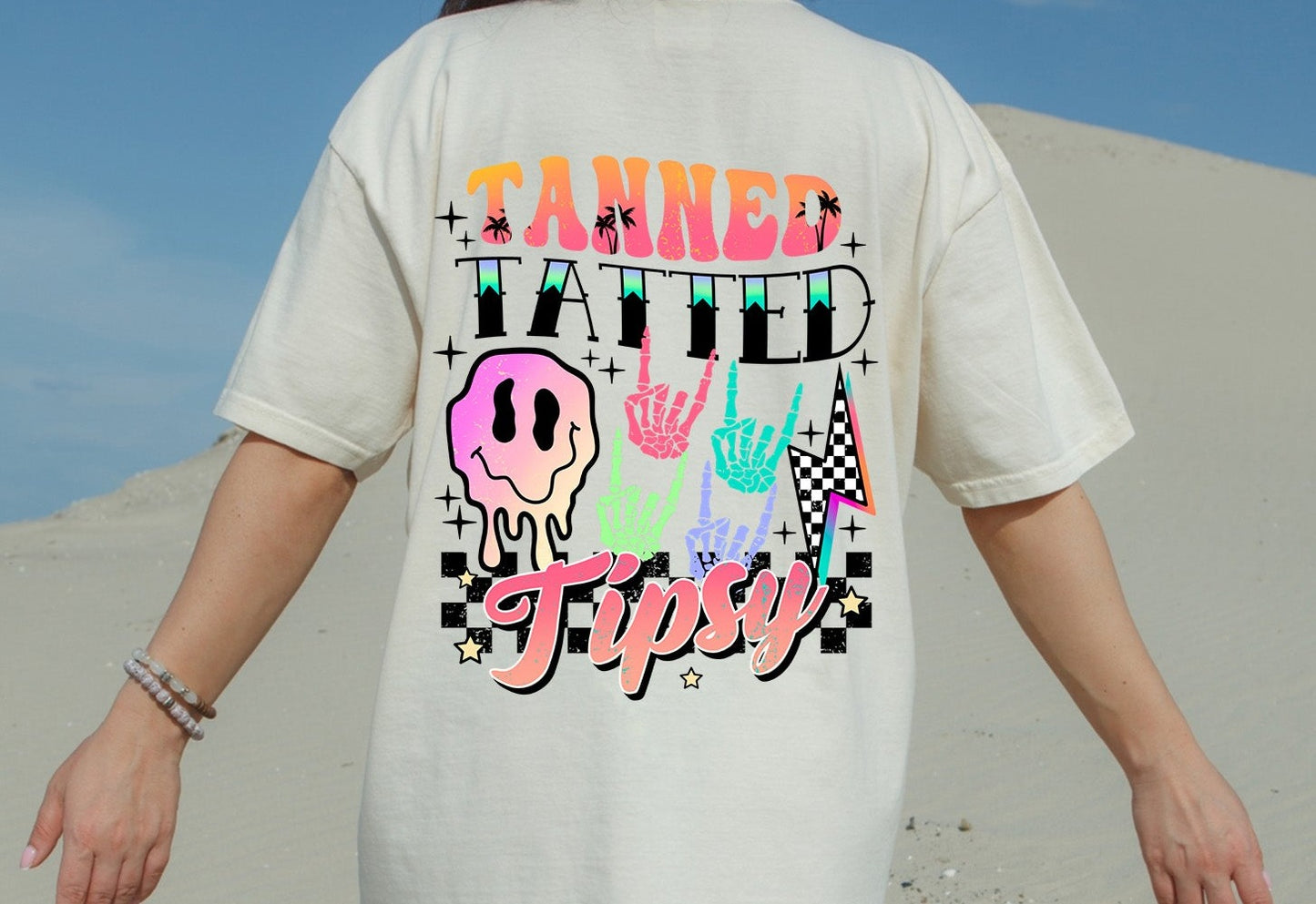 Tanned Tatted and Tipsy, with Pocket Happy Face Collage Pocket Design DTF Transfer
