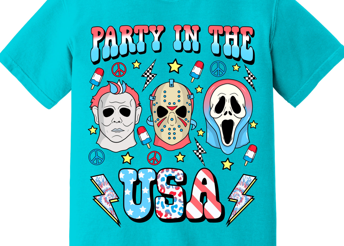 Party In the USA, Retro Horror 4TH Of July Jason, Scream, Michael DTF Transfer