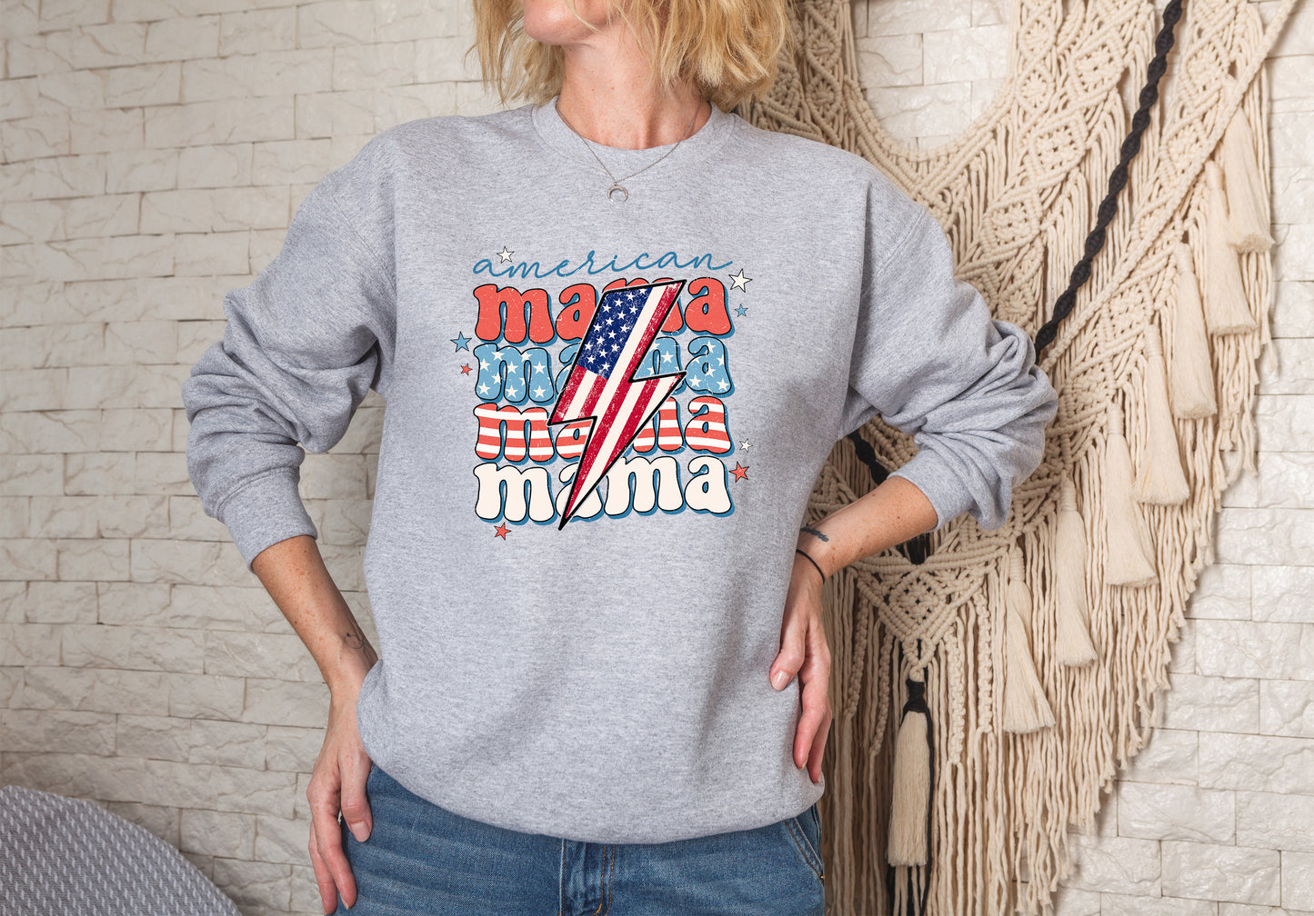 American Mama Lightning Bolt Retro Flag, Patriotic, 4th of July, Fireworks, Freedom, Funny design DTF Transfer