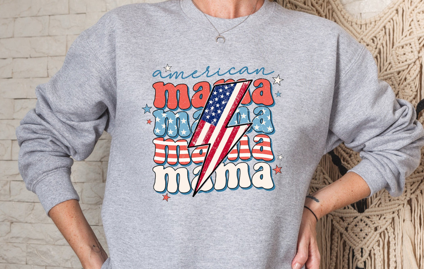 American Mama Lightning Bolt Retro Flag, Patriotic, 4th of July, Fireworks, Freedom, Funny design DTF Transfer