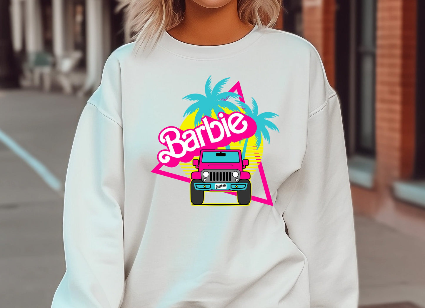 Barbie Offroad Design Triangle, Palm Trees, Jeep, Barbie DTF Transfer