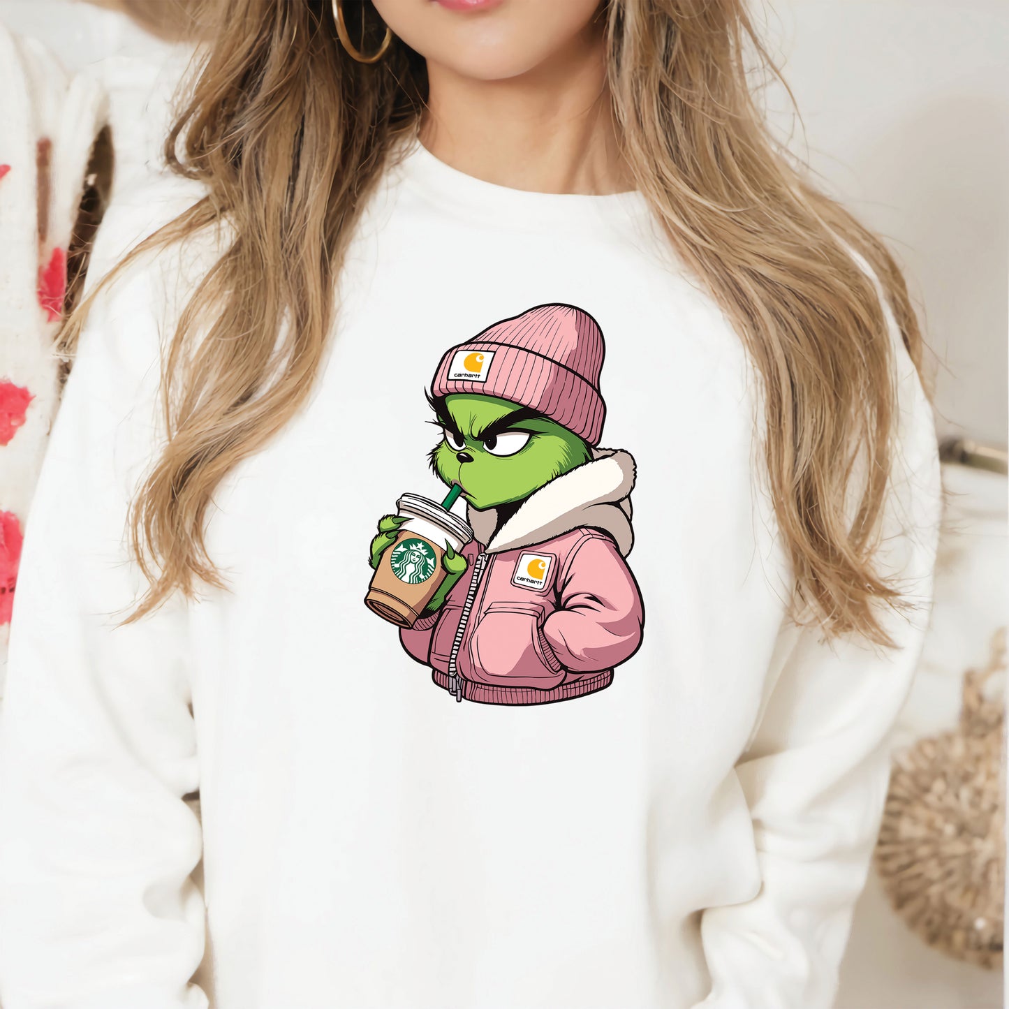 Boujee Grinch with Drink in Pink Jacket DTF Transfer