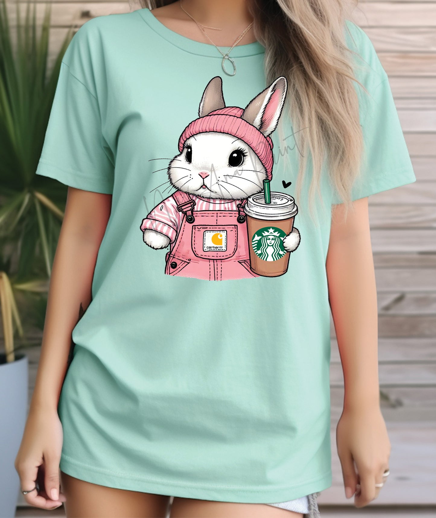 Pink Carhartt Overall Bunny With Starbucks Drink (C) DTF Transfer