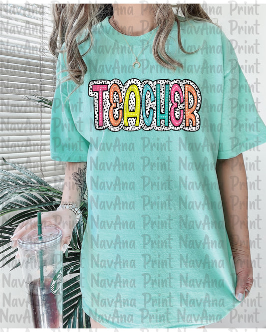 Teacher Bright Colorful, Dalmatian, Dotted DTF Transfer
