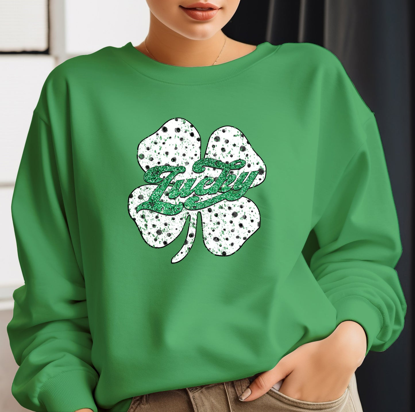 Faux Glitter Lucky Spotted Shamrock Design, Dalmation Spots St Patrick's Day DTF Transfer