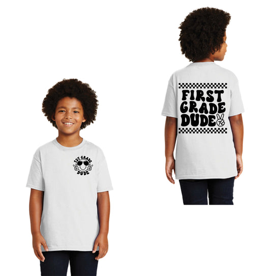 First Grade Dude, Happy Face, Checkered, Back to School, Black Font or White Font DTF Transfer