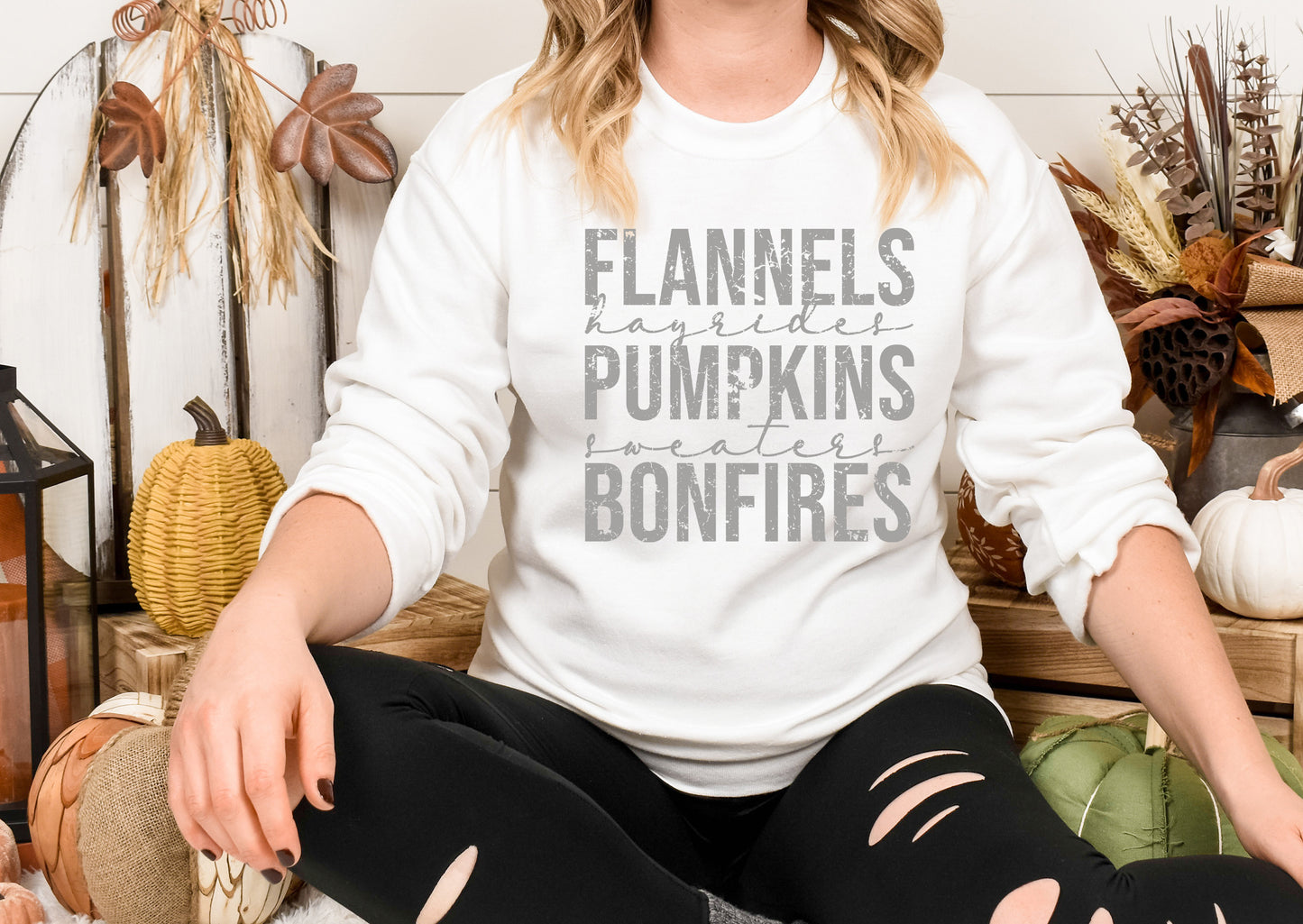 Flannels, Hayrides, Pumpkins, Sweaters, Bonfires grey Distressed Design DTF Transfer