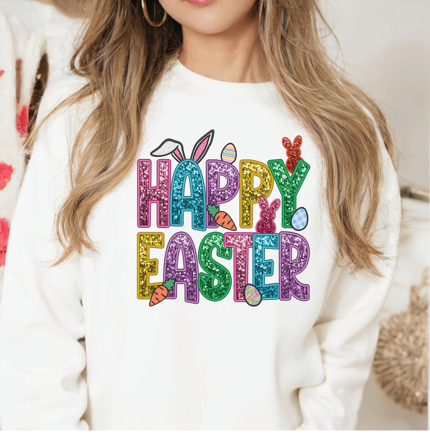 Faux Glitter Happy Easter with Decorations DTF Transfer