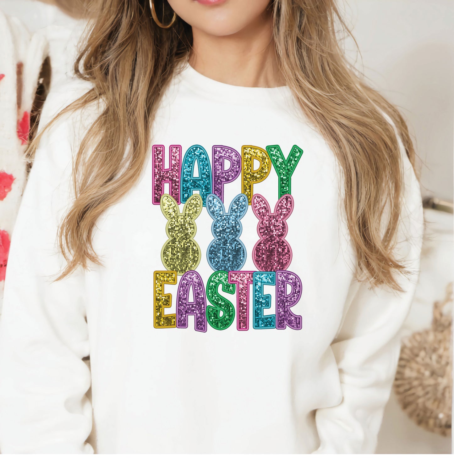 Faux Glitter Happy Easter with Bunnies DTF Transfer