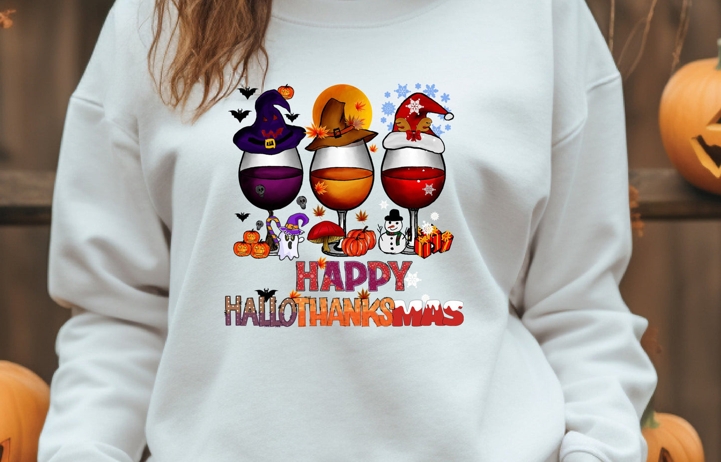 HappyHalloThankMas Wine Glasses, Halloween, Thanksgiving, Christmas DTF Transfer
