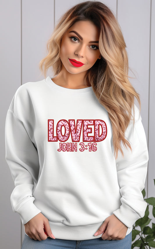 Faux Glitter and Embroidery Loved John 3:16 Valentines DTF Transfer