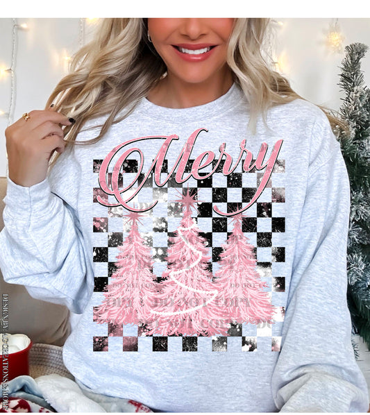 Merry with Pink Trees, Checkered Christmas DTF Transfer