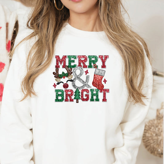Faux Glitter and Embroidery Merry and Bright with Reindeer DTF Transfer