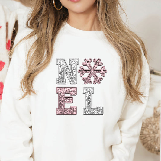 Faux Glitter and Embroidery Noel Pink and Silver DTF Transfer