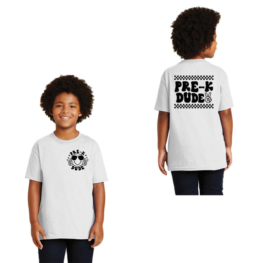 Pre-K Dude, Happy Face, Checkered, Back to School, Black Font or White Font DTF Transfer