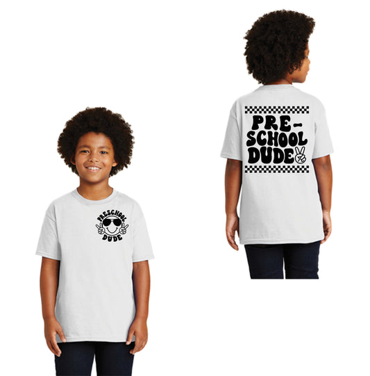 PreSchool Dude, Happy Face, Checkered, Back to School, Black Font or White Font DTF Transfer