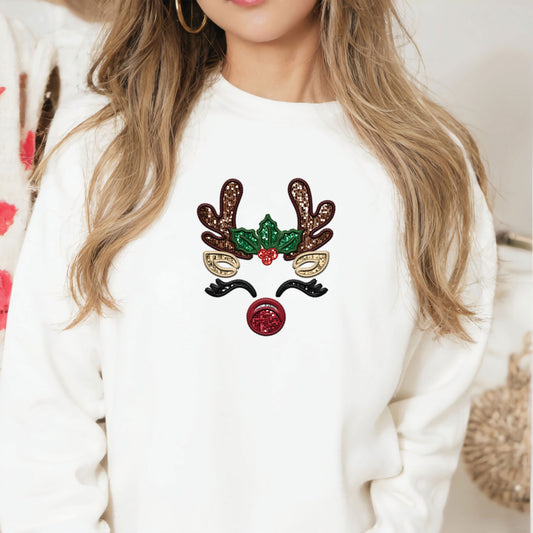 Faux Glitter and Embroidery Reindeer With Holly DTF Transfer
