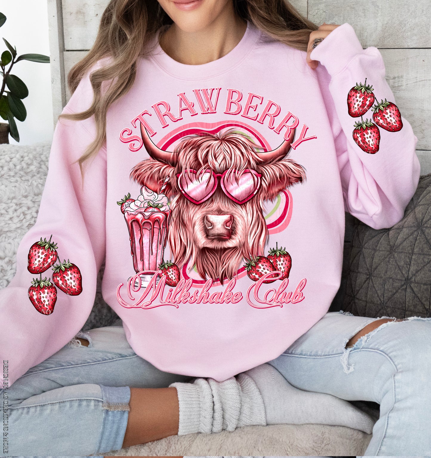 Strawberry Milkshake Highland Cow Club w/Sleeve option DTF Transfer