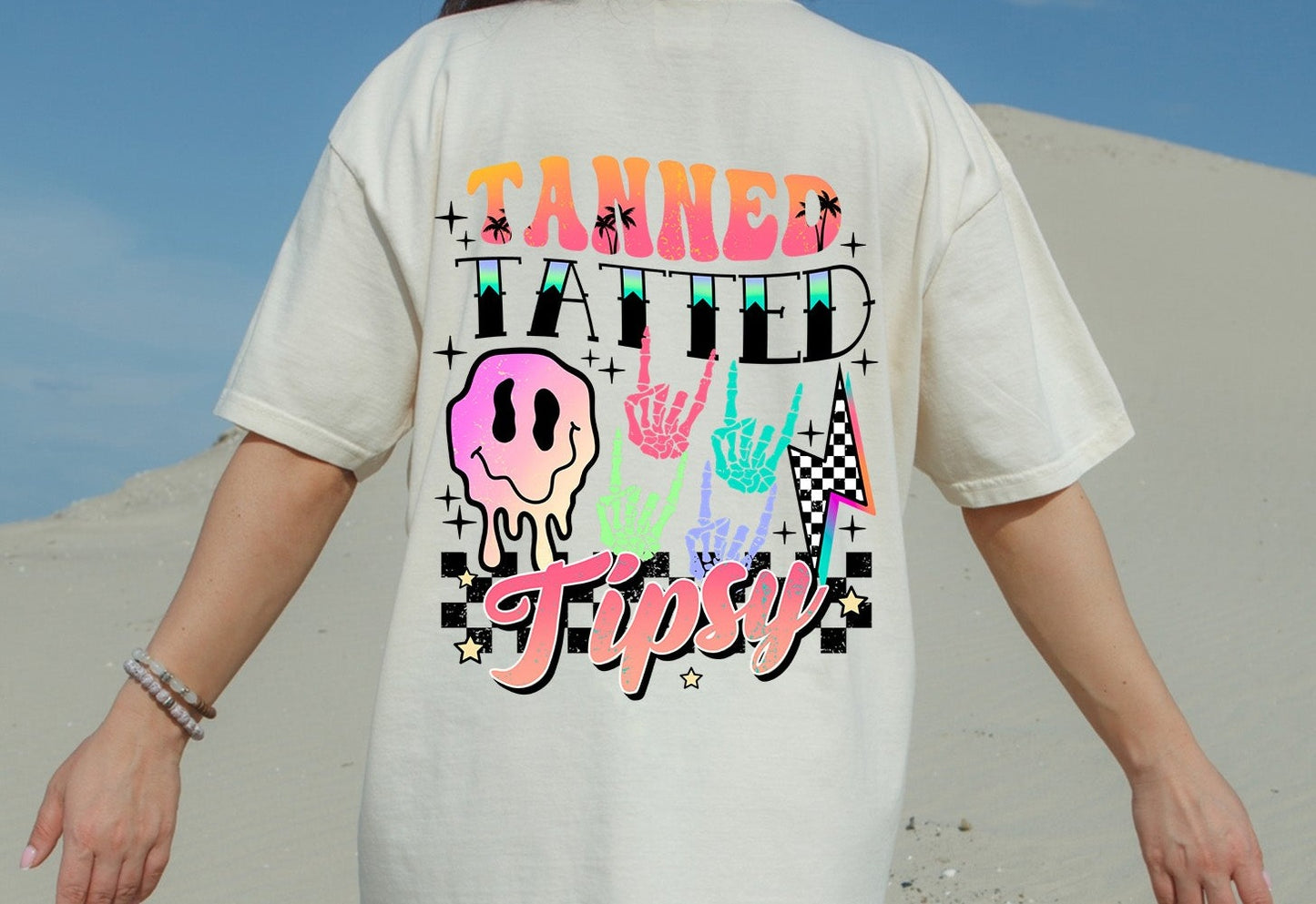 Tanned Tatted and Tipsy, with Pocket Happy Face Collage  Pocket Design DTF Transfer