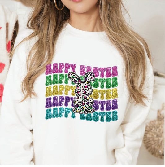 Wavy Faux Glitter Happy Easter with Leopard Print Bunny  DTF Transfer