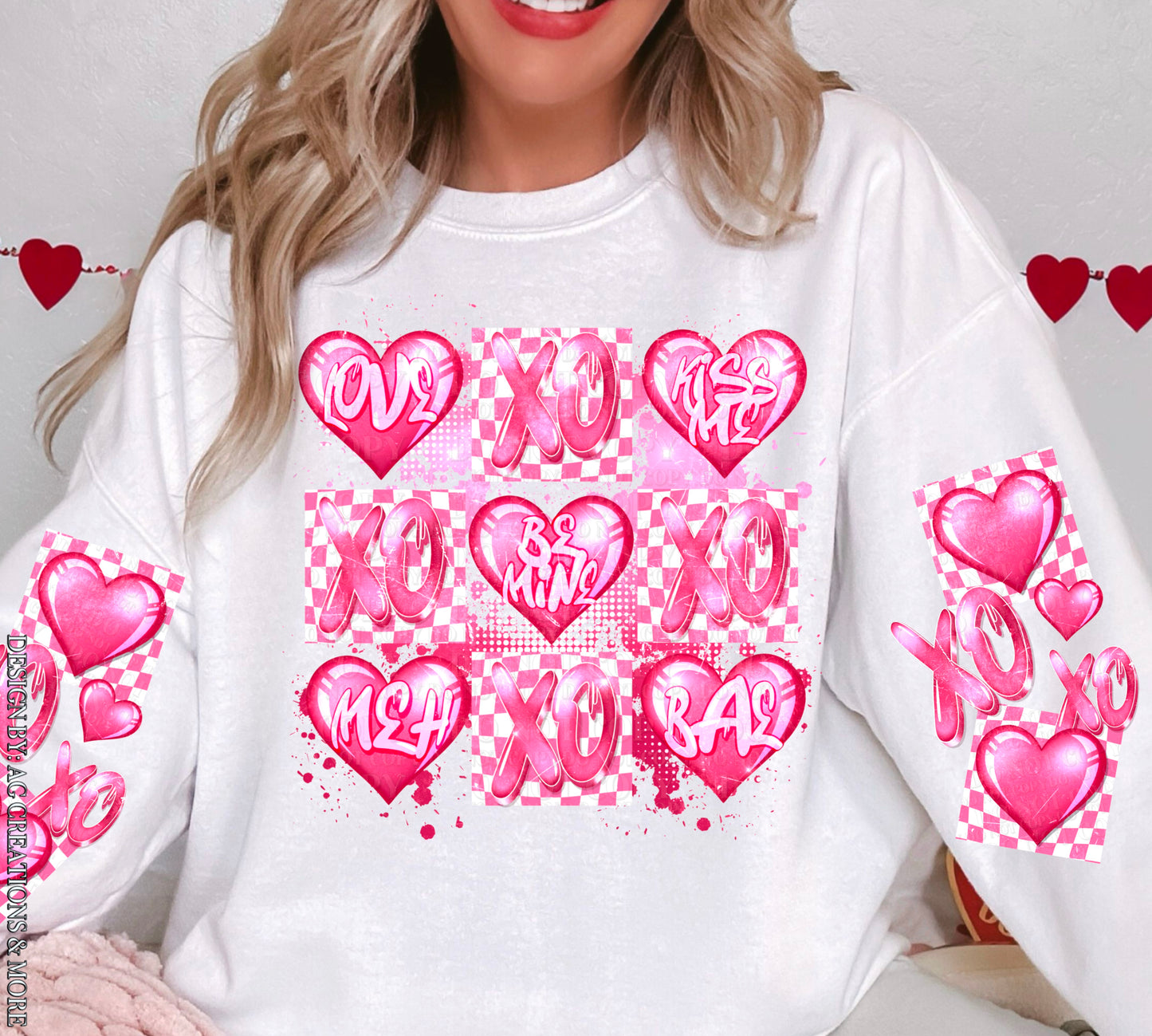 Pink and white Checkered Hearts Conversation w/Sleeve option DTF Transfer