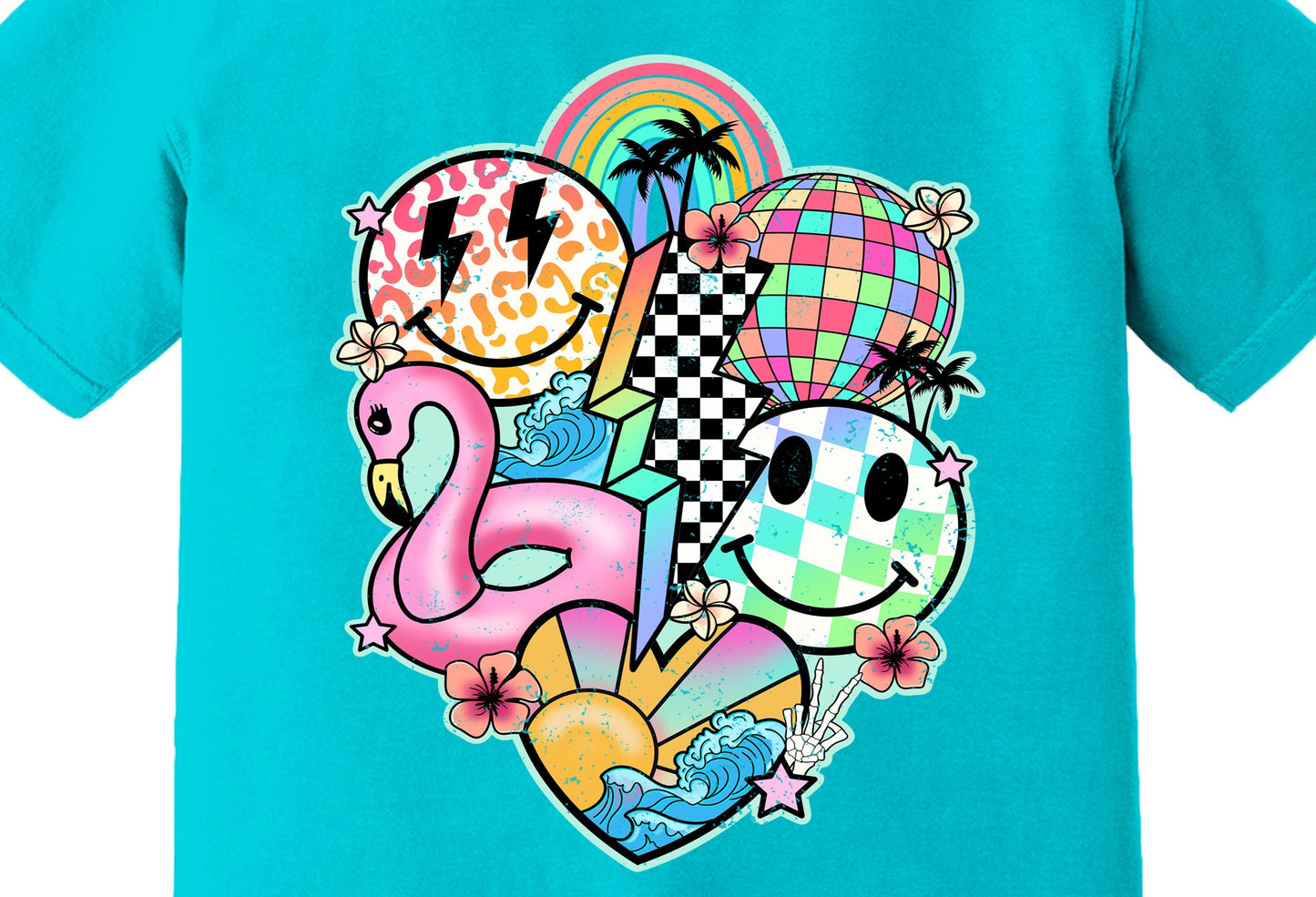 Retro Grunge Summer Vibes, Happy Face, Flamingo, Checkered, Disco Ball DTF Transfer