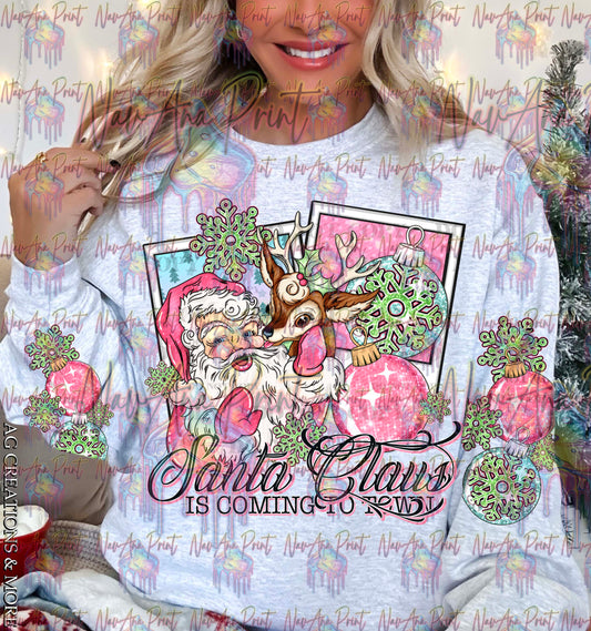 Pink Santa, Santa Clause is Coming to town, Reindeer Theme w/Sleeve option DTF Transfer