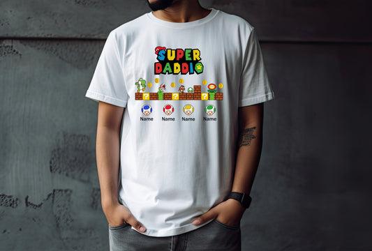 Super Daddio Mario Brothers, Mario Brothers, Fathers Day, Dad, Dads Birthday, Customizable with child name DTF Transfer