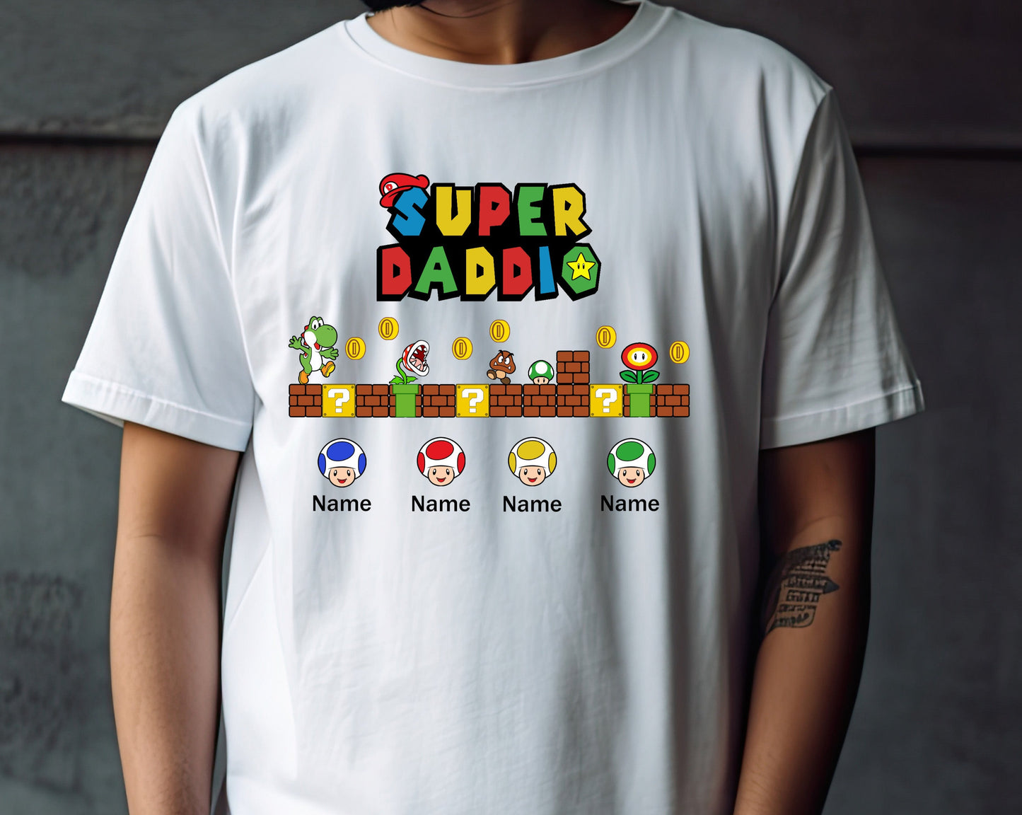 Super Daddio Mario Brothers, Mario Brothers, Fathers Day, Dad, Dads Birthday, Customizable with child name DTF Transfer