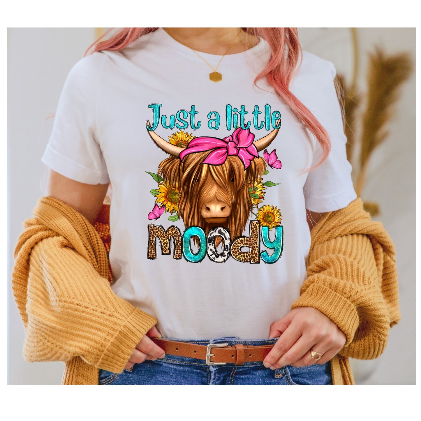 Just a little moody, highland cow, moody, long hair cow, cow print, leopard print, western DTF Transfer