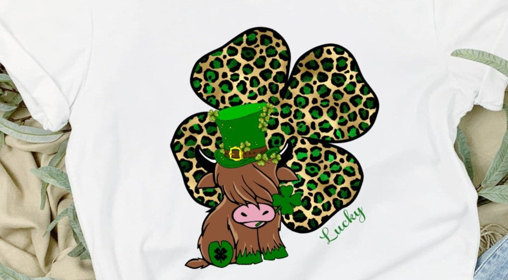 Highland Cow, Shaggy Cow, Western Cow, St. Patrick's Cow Leopard, Leopard Shamrock, St. Patrick's Day Parade DTF Transfer