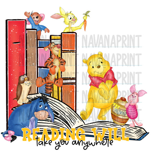 Reading Will Take You Anywhere Pooh Characters-DTF Transfer