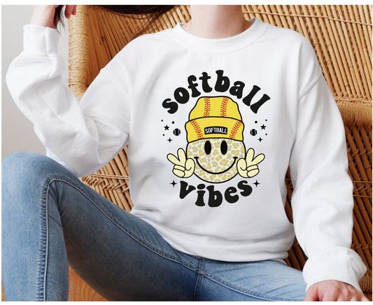 Softball Vibes, Happy Face, Peace Sign, Softball DTF Design