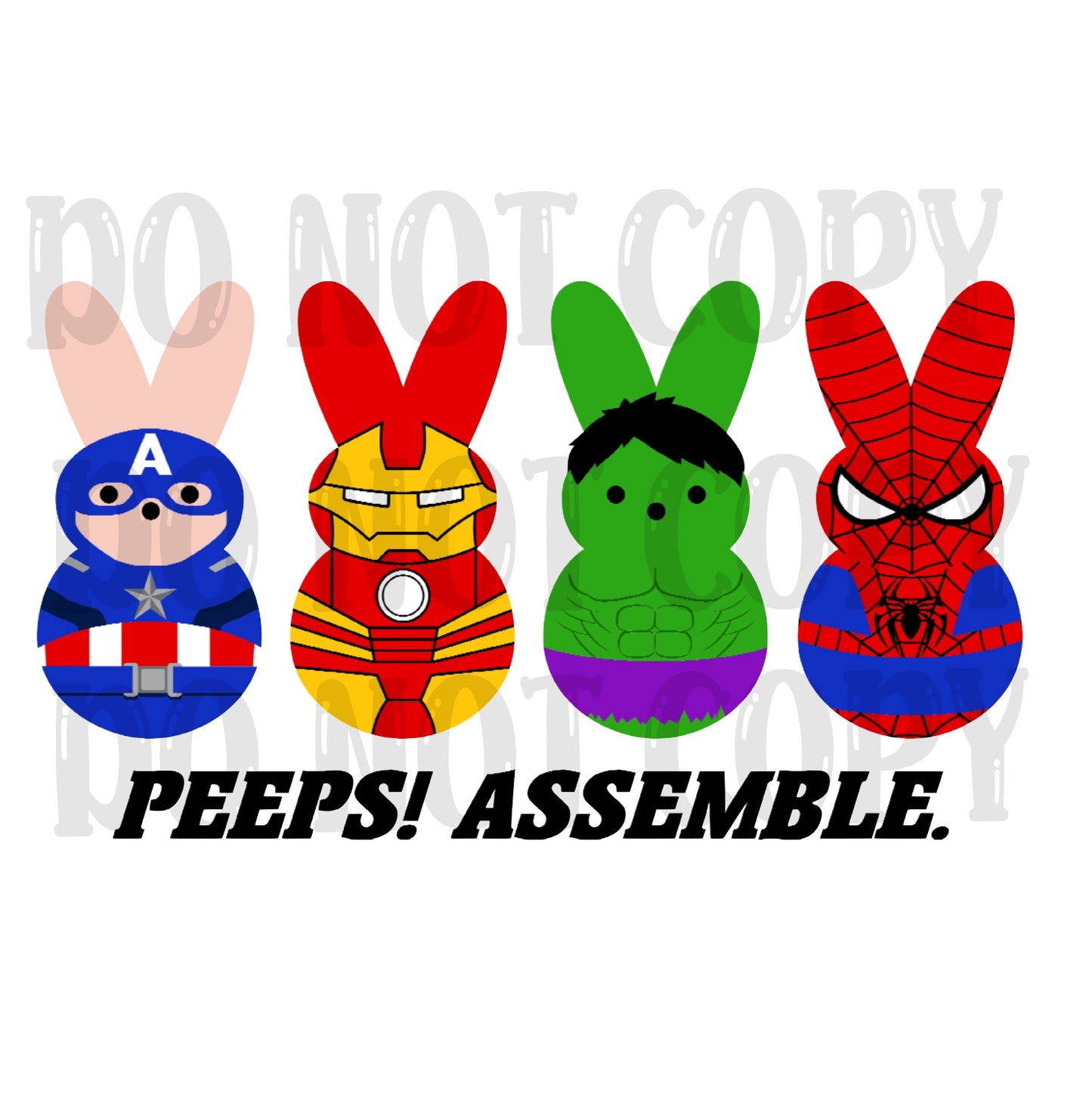 Superhero Iron Man, Hulk, Spiderman, Captain America, Avengers Peeps Assemble DTF Transfer